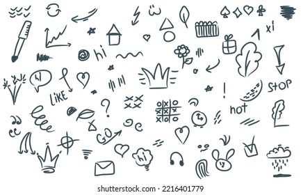 Set of abstract hand drawn symbols. Set of drawings with hearts, circles, triangles. Geometric shapes and markers. Ink, pencil, brush strokes. Spot, cross, arrow, leaf chaotic