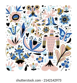 Conjunto de flores vectoriales dibujadas a mano abstractas, hojas y pájaros. Diseñar un elemento de color para tarjetas de boda, invitaciones, patrones. Diseño único.