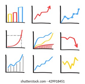 Set of abstract hand drawn whiteboard marker charts. Business graphs, bar charts, statistics illustration.