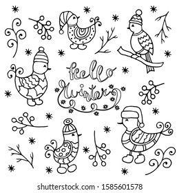 Set of abstract hand drawn winter birds in caps, coloring page for kids and adults