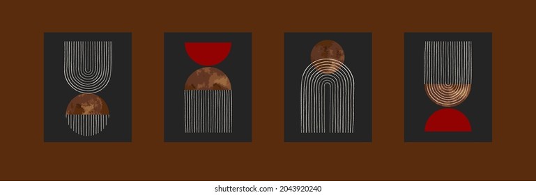 Set of abstract hand painted geometric compositions. Mid century modern posters. Boho wall decor.