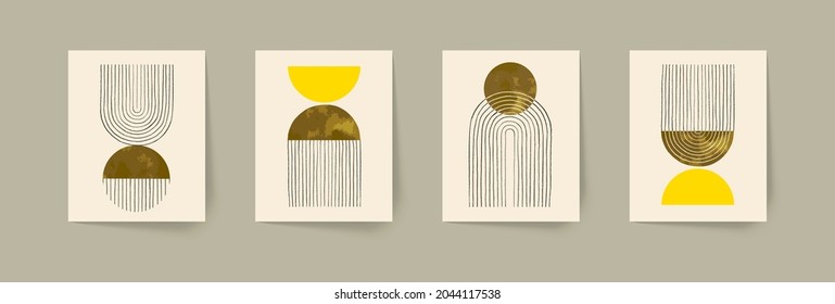 Conjunto de composiciones geométricas abstractas pintadas a mano. Afiches modernos de mediados del siglo. La decoración de las paredes de Boho.