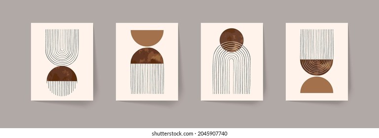 Conjunto de composiciones geométricas abstractas pintadas a mano. Afiches modernos de mediados del siglo. La decoración de las paredes de Boho.