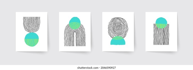 Conjunto de composiciones geométricas abstractas pintadas a mano. Afiches modernos de mediados del siglo. La decoración de las paredes de Boho.