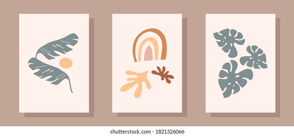 Set of abstract hand painted illustrations in pastel colors. Hand drawn vases , leaves. Collection of contemporary art posters. Abstract geometrical elements, shapes for print, social media, posters