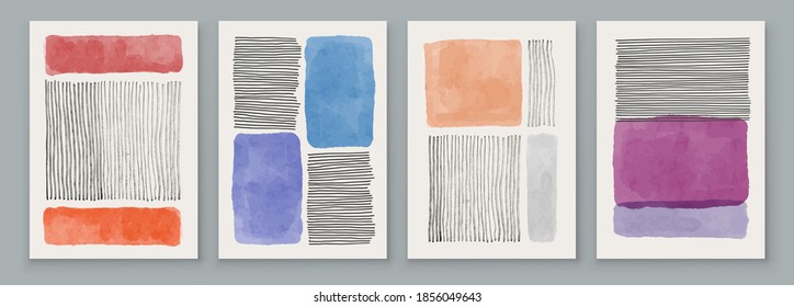 Set of Abstract Hand Painted Illustrations for Postcard, Social Media Banner, Brochure Cover Design or Wall Decoration Background. Modern Abstract Painting Artwork. Vector Pattern