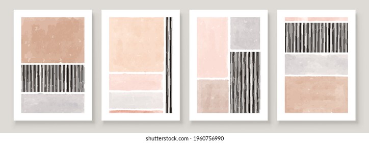 Set of Abstract Hand Painted Illustrations for Wall Decoration Art, Postcard, Social Media Banner, Brochure Cover Design Background. Modern Abstract Painting Artwork. Vector Pattern