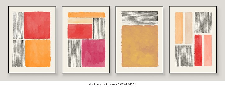 Set of Abstract Hand Painted Illustrations for Wall Decoration, Postcard, Social Media Banner, Brochure Cover Design Background. Modern Abstract Painting Artwork. Bright vivid color Vector Pattern.