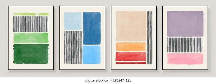 Set of Abstract Hand Painted Illustrations for Wall Decoration, Postcard, Social Media Banner, Brochure Cover Design Background. Modern Abstract Painting Artwork. Bright vivid color Vector Pattern.