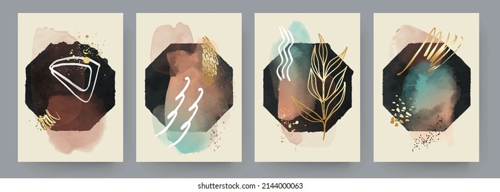 Set of Abstract Hand Painted Illustrations for Wall Decoration, Postcard, Social Media Banner, Brochure Cover Design Background. Modern Watercolor Abstract Painting Artwork. Vector Pattern