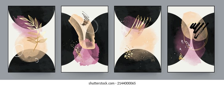 Set of Abstract Hand Painted Illustrations for Wall Decoration, Postcard, Social Media Banner, Brochure Cover Design Background. Modern Watercolor Abstract Painting Artwork. Vector Pattern