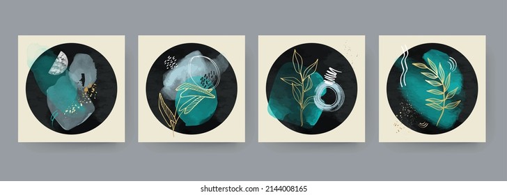 Conjunto de ilustraciones abstractas pintadas a mano para la decoración de paredes, postal, banner de medios sociales, fondo de diseño de portada de folletos. Pancarta de pintura abstracta moderna en colores brillantes. Arte vectorial