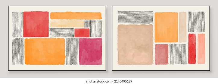 Set of Abstract Hand Painted Illustrations for Wall Decoration, Postcard, Social Media Banner, Brochure Cover Design Background. Modern Abstract Painting Artwork. Bright vivid color Vector Pattern.