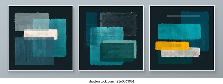 Set of Abstract Hand Painted Illustrations for Wall Decoration, Postcard, Social Media Banner, Brochure Cover Design Background. Square Modern Abstract Painting Artwork. Rectangle Vector Pattern