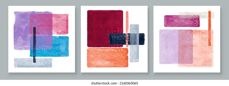 Set of Abstract Hand Painted Illustrations for Wall Decoration, Postcard, Social Media Banner, Brochure Cover Design Background. Square Modern Abstract Painting Artwork. Rectangle Vector Pattern