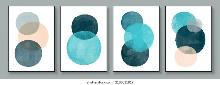 Conjunto de ilustraciones abstractas pintadas a mano para la decoración de paredes, postal, banner de medios sociales, fondo de diseño de portada de folletos. Pintura abstracta moderna con círculo. Patrón de vectores de esfera.