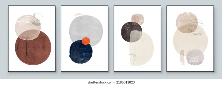 Set of Abstract Hand Painted Illustrations for Wall Decoration, Postcard, Social Media Banner, Brochure Cover Design Background. Modern Abstract Painting Artwork with Circle. Sphere Vector Pattern.