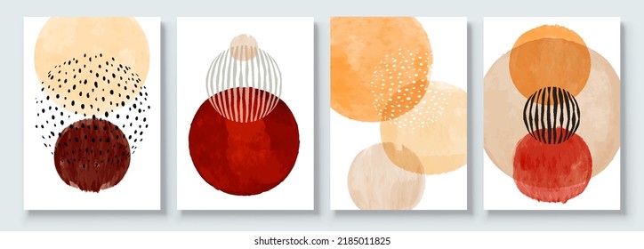 Set of Abstract Hand Painted Illustrations for Wall Decoration, Postcard, Social Media Banner, Brochure Cover Design Background. Modern Abstract Painting Artwork with Circle. Sphere Vector Pattern.