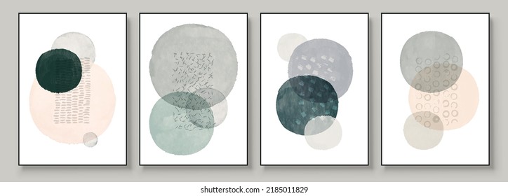 Set of Abstract Hand Painted Illustrations for Wall Decoration, Postcard, Social Media Banner, Brochure Cover Design Background. Modern Abstract Painting Artwork with Circle. Sphere Vector Pattern.