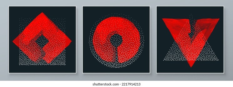 Conjunto de ilustraciones abstractas pintadas a mano para postales, banner de medios sociales, diseño de portada de folletos o fondo de decoración de paredes. Estilo oscuro, acento rojo. Arte Resumen Moderno. Patrón de vector