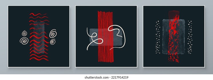 Conjunto de ilustraciones abstractas pintadas a mano para postales, banner de medios sociales, diseño de portada de folletos o fondo de decoración de paredes. Estilo oscuro, acento rojo. Arte Resumen Moderno. Patrón de vector