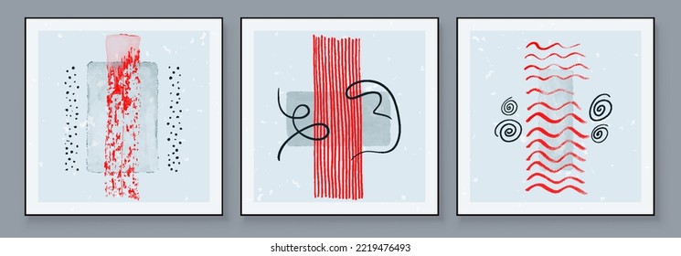 Set of Abstract Hand Painted Illustrations for Postcard, Social Media Banner, Brochure Cover Design or Wall Decoration Background. Red accent. Modern Abstract Artwork. Vector Pattern