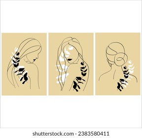 Set of abstract hand painted illustrations for wall decoration.Abstract woman portrait. Boho style. Postcards, banners on social networks. Brochure cover design background. Modern abstract painting.