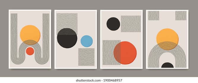 Set Of Abstract Hand Painted Mid Century Posters With Geometric Color Shapes. Composition Design For Wall Decoration, Cover, Social Media, Brochure Design, Branding, Print.