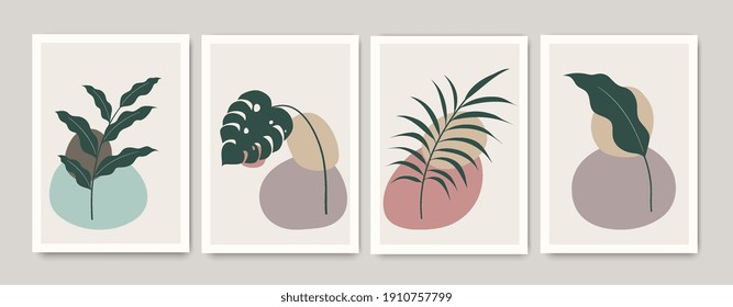 Set of abstract hand painted mid century posters with geometric shapes. Composition design for wall decoration, cover, social media, brochure design, branding, print.