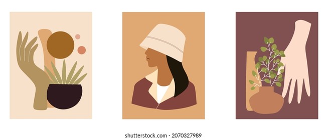 Set of abstract hand and portrait of woman. Concept of beauty, fashion, make up. Flat vector illustration. Using for poster, sticker and other printable. 