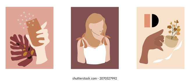 Set of abstract hand and portrait of woman. Concept of beauty, fashion, make up. Flat vector illustration. Using for poster, sticker and other printable. 