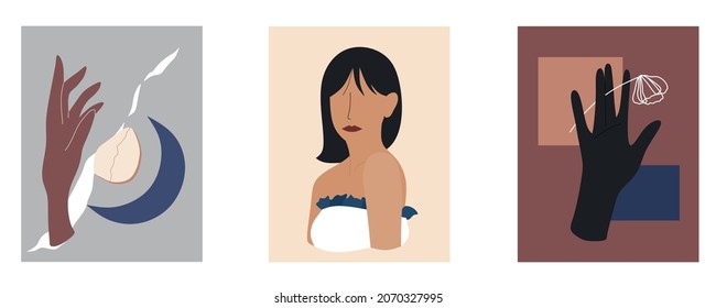 Set of abstract hand and portrait of woman. Concept of beauty, fashion, make up. Flat vector illustration. Using for poster, sticker and other printable. 