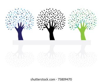 set of abstract hand trees, symbols of nature protection