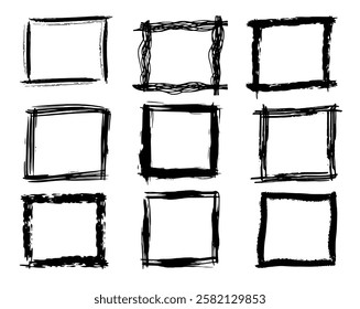 Set of abstract hand-drawn black frames with irregular shapes. Minimalist and artistic design elements for borders, posters, invitations, and creative projects.