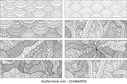 Set of abstract hand-drawn bookmarks. Coloring cards for adults and kids. Doodle vector background. 