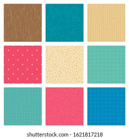 Set of abstract handdrawn color seamless patterns. Color backgrounds irregular geometric shapes. Hand drawn triangles, swirls, lines and circles backdrops. Fabric flaps, textile patches collection