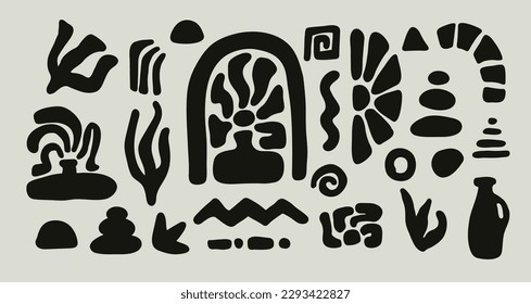 Set of abstract hand-drawn decorative elements for design. Vector illustration. Doodle stones, plants, vases, geometric shapes. Contemporary Art.