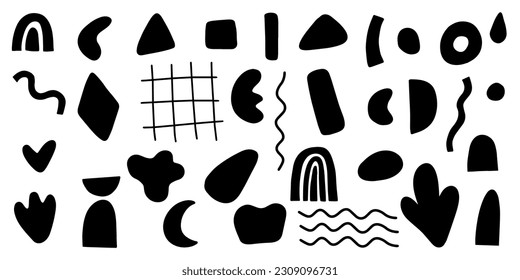 Conjunto de elementos abstractos dibujados a mano aislados en blanco.