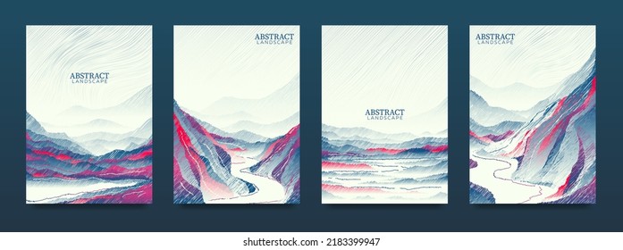 A set of abstract, hand-drawn landscapes with blots. For covers, flyers, banners, etc.