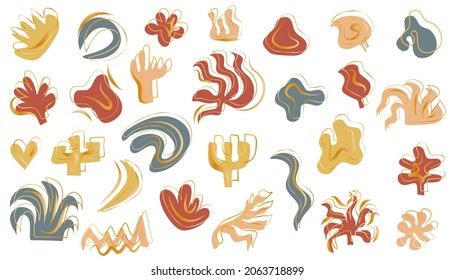 Set of abstract handdrawn objects and elements with gold ornaments on a white background.Various abstract shapes and leaves for decoration. Vector illustration in flat style