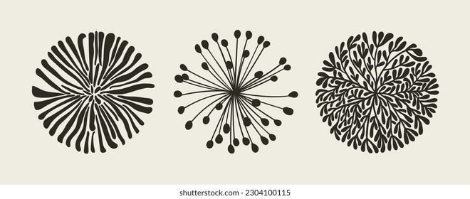Conjunto de flores redondas dibujadas a mano abstractas. Elementos decorativos para el diseño. Ilustración vectorial.