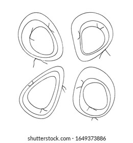 Set of abstract handmade stitched frames. Liquid geometric egg shapes, blobs in wavy design for Easter. Thread seams. Isolated on white. Vector stock illustration EPS 10