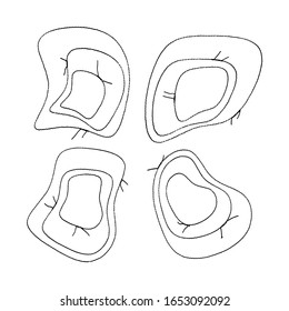 Set of abstract handmade stitched frames. Modern liquid geometric shapes, bubbles in wavy design. Sewing machine stitching with threads in reverse. Thread seams. Isolated on white. EPS 10