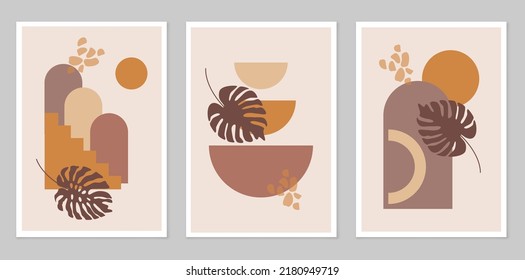 A set of Abstract hand-painted Illustrations for wall decoration. Boho style. Postcards, banners on social networks. The background of the brochure cover design. Modern abstract painting.