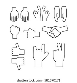 Set of abstract hands. Different gestures, handshake, signals. Icons and symbols black outline