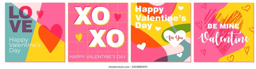 Set of abstract Happy Valentine's Day cards. Modern vector illustration with hearts, geometric and liquid shapes in bright colors. Templates for posters, flyers, banners, social media, sale promotion