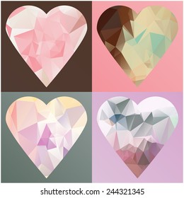 Set of abstract hearts, consisting of multicolored triangular polygons