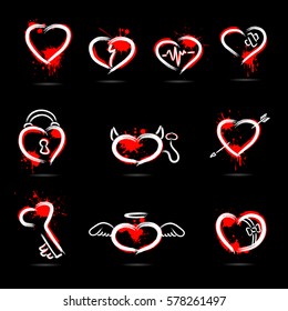 Set abstract hearts drawn by hand black background  Vector illustration