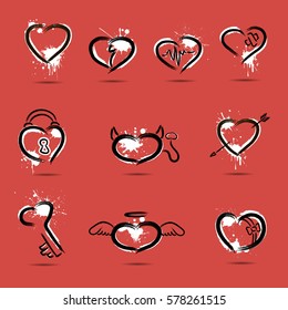 Set of abstract hearts drawn by hand on a red background. Vector illustration
