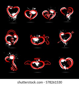 Set of abstract hearts drawn by hand on a black background. Vector illustration
